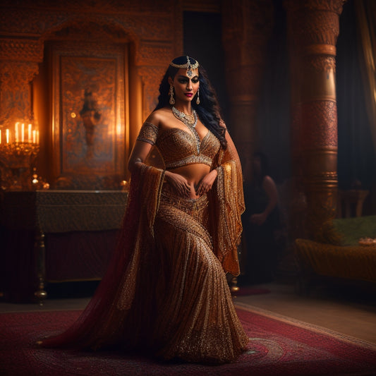 A serene, dimly lit room with a beautiful, confident woman in her mid-30s, wearing a flowing, shimmering belly dance costume, standing in a powerful pose, surrounded by Middle Eastern-inspired patterns and fabrics.