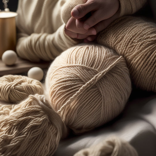 A serene, close-up shot of a person's torso, wearing a partially completed, intricately cabled pullover sweater in a soft, creamy yarn, with knitting needles and balls of yarn scattered around.