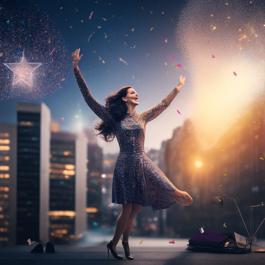 A whimsical illustration of a person dancing, surrounded by swirling CV pages, confetti, and stars, with a subtle cityscape or office building in the background, conveying joy and triumph.