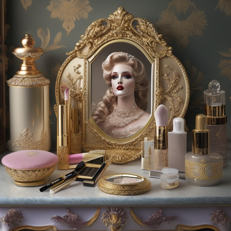 A vintage-style vanity with a ornate golden mirror, surrounded by scattered makeup products, brushes, and palettes from 2009, with a single, elegant, porcelain-skinned mannequin head in the center.