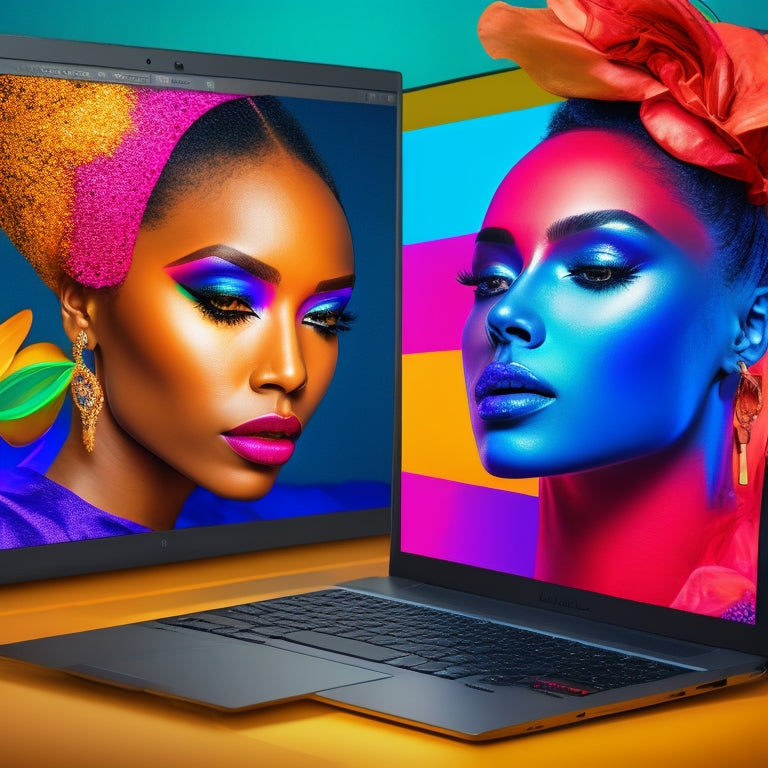 A vibrant, colorful illustration featuring a laptop with a split-screen display: a virtual makeup class on one side, and a dancer in a studio with makeup design concepts floating around them on the other.