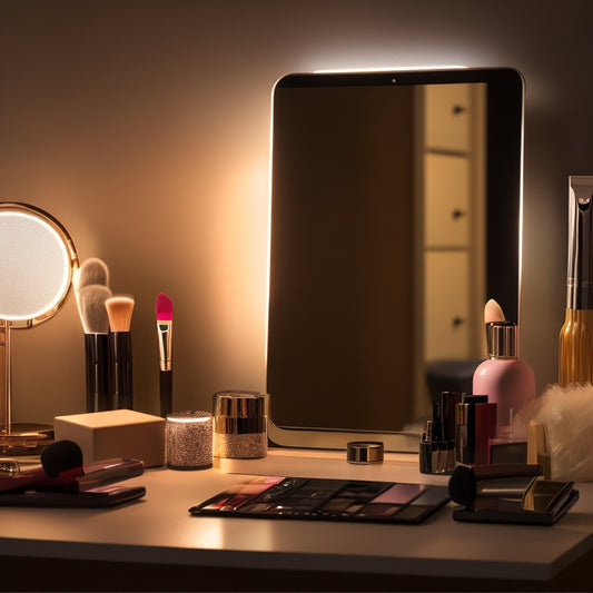 A clutter-free, well-lit vanity with a ring light, surrounded by various makeup products, brushes, and a mirror, featuring a tablet or smartphone displaying a split-screen comparison of a before-and-after makeup look.