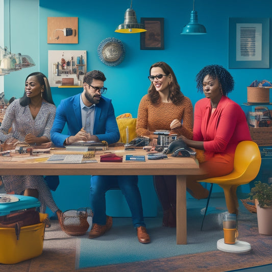 A vibrant, stylized illustration of diverse professionals in eclectic workspaces, surrounded by props and tools of their trade, conveying creativity, innovation, and excitement.