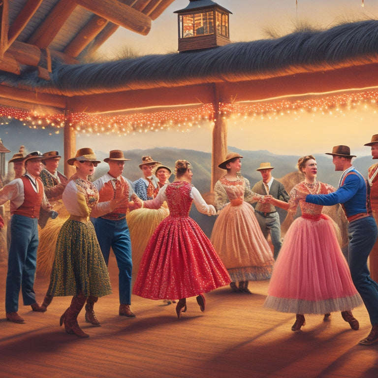 A colorful illustration of a lively square dance scene: eight dancers in pairs, dressed in traditional attire, surrounded by hay bales, lanterns, and a vintage wooden dance floor.