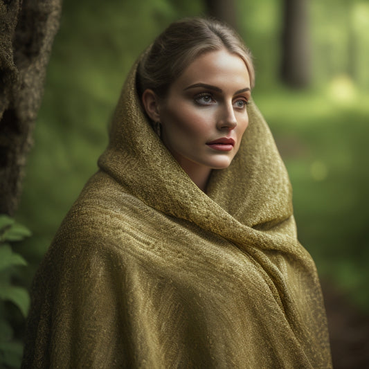 A warm, golden-lit image featuring a draped, intricately textured shawl in mossy green and cream hues, adorned with subtle, organic patterns, against a soft, creamy background.