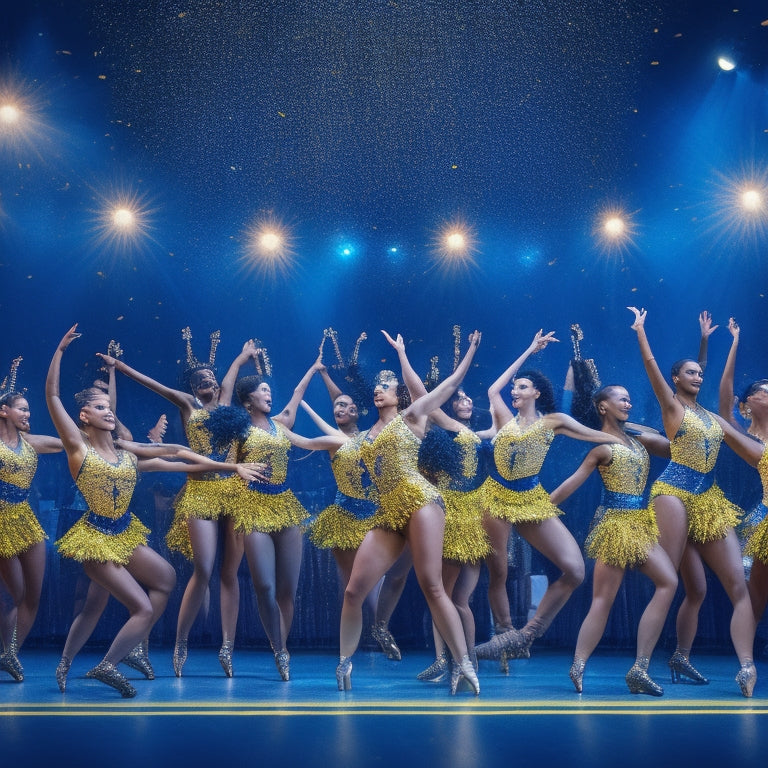 A vibrant illustration of the Michigan Dance Team in action, featuring 10 diverse dancers in sleek, modern costumes, surrounded by subtle, shimmering confetti and gleaming spotlights.