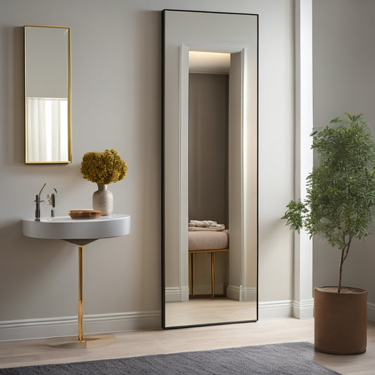 A sleek, modern full-body mirror stands elegantly against a minimalist wall, reflecting a well-lit, stylish room adorned with chic decor, showcasing its clarity and perfect reflection of a person dressed in fashionable attire.