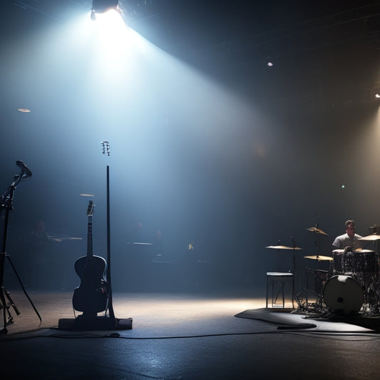 A dimly lit stage with a single spotlight shining down, a lone microphone stands tall, surrounded by scattered music sheets and abandoned instruments, with a faint shadow of a performer in the background, frozen in hesitation.
