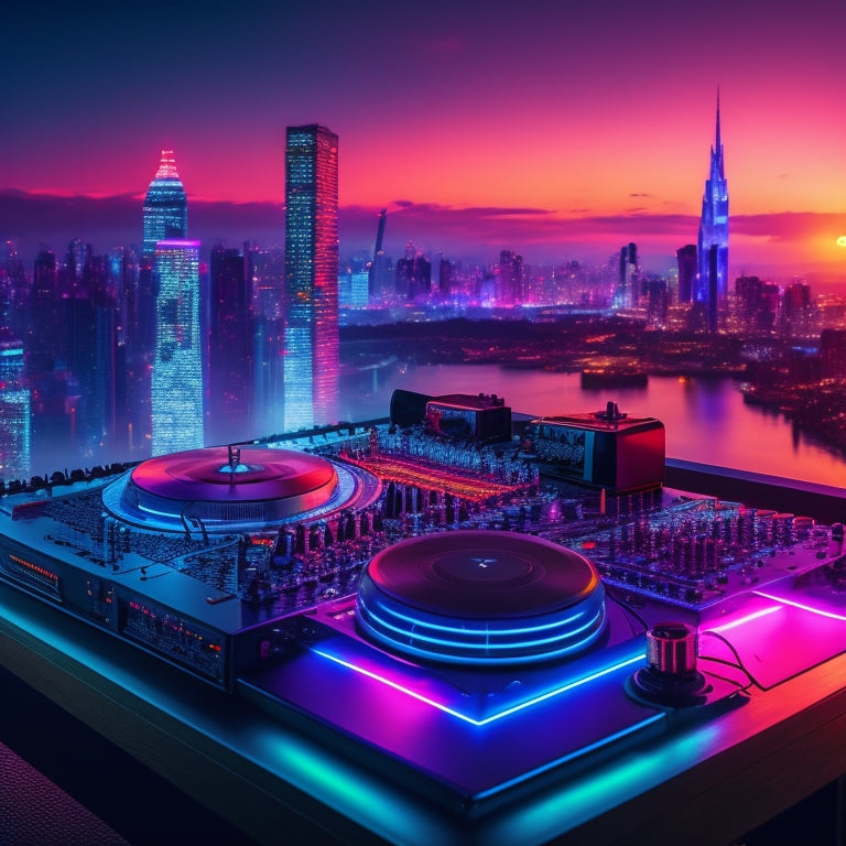 A futuristic DJ console with flashing neon lights and spinning turntables, surrounded by sound waves and musical notes, with a cityscape at dusk in the background.