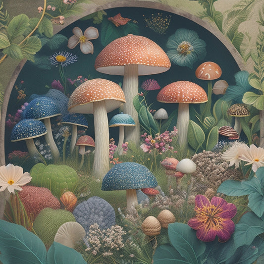 A whimsical illustration featuring a cluster of colorful, stylized mushrooms amidst lush greenery, surrounded by delicate flowers and vines, with intricate patterns and textures, set against a soft, creamy background.