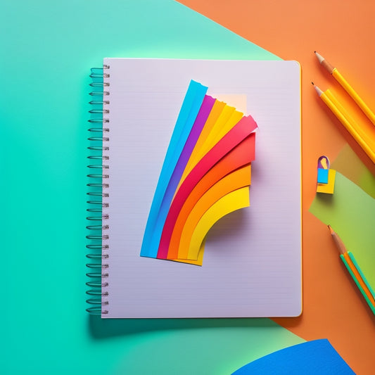 A colorful, minimalist illustration featuring a spiral-bound notebook with a partially filled page, a pencil lying across it, and a few colorful sticky notes scattered around, surrounded by subtle musical notes and a faint grid background.