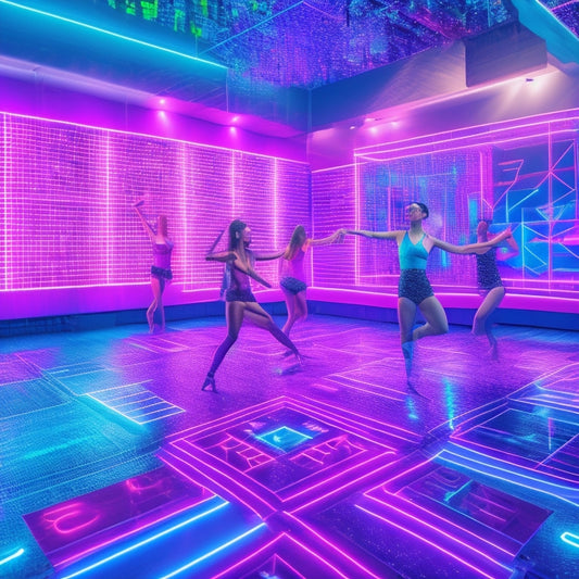 A futuristic dance studio with a young dancer wearing VR headset and holding controllers, surrounded by virtual mirrors and holographic dance partners, with neon lights and grids filling the space.