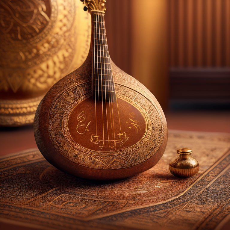 An illustration of a oud, a traditional Middle Eastern stringed instrument, surrounded by musical notes and Arabic calligraphy patterns, set against a warm, golden background with subtle geometric shapes.
