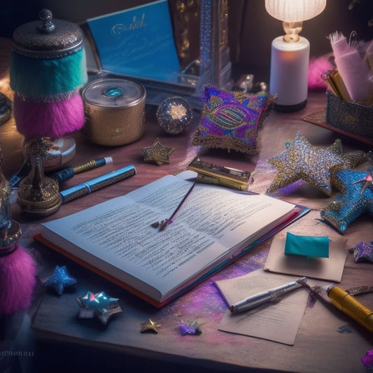 A whimsical illustration of a dancer's desk, cluttered with colorful pens, scattered music sheets, and a worn-out dance journal, surrounded by fluttering musical notes and twinkling stars.