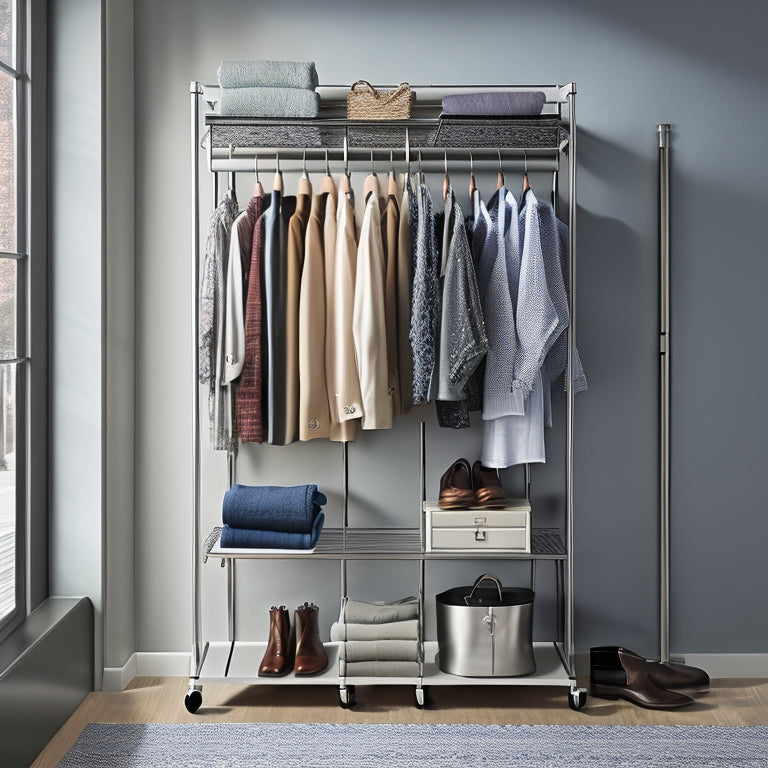 Discover the ultimate storage solution with our sturdy rolling wardrobe rack. Double hanging rods provide efficient organization for your clothes. Click now for smart closet ideas!