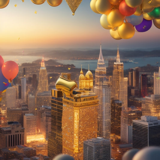 A stylized, golden puzzle piece fitting perfectly into a larger whole, surrounded by confetti and balloons, with a subtle cityscape or business district in the background, symbolizing success.