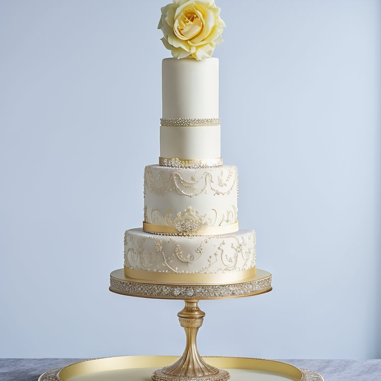 A elegant, ornate gold wedding cake adorned with pearls and flowers, surrounded by champagne flutes and a lavish, satin-draped wedding arch, set against a soft, creamy white background.