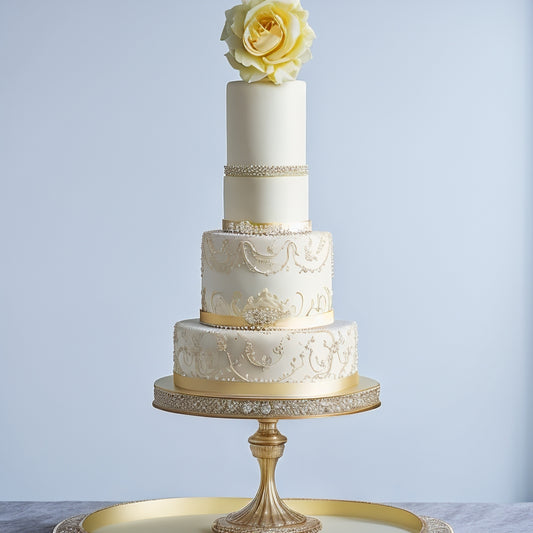 A elegant, ornate gold wedding cake adorned with pearls and flowers, surrounded by champagne flutes and a lavish, satin-draped wedding arch, set against a soft, creamy white background.