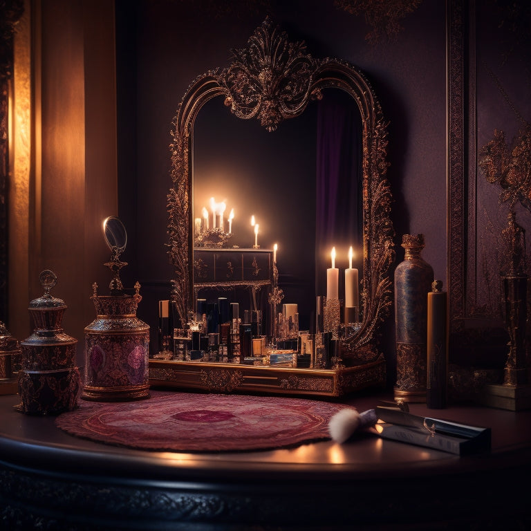 A dramatic, dimly lit stage with a single spotlight shining down on a ornate, antique vanity, cluttered with an array of vibrant, theatrical makeup products and brushes.