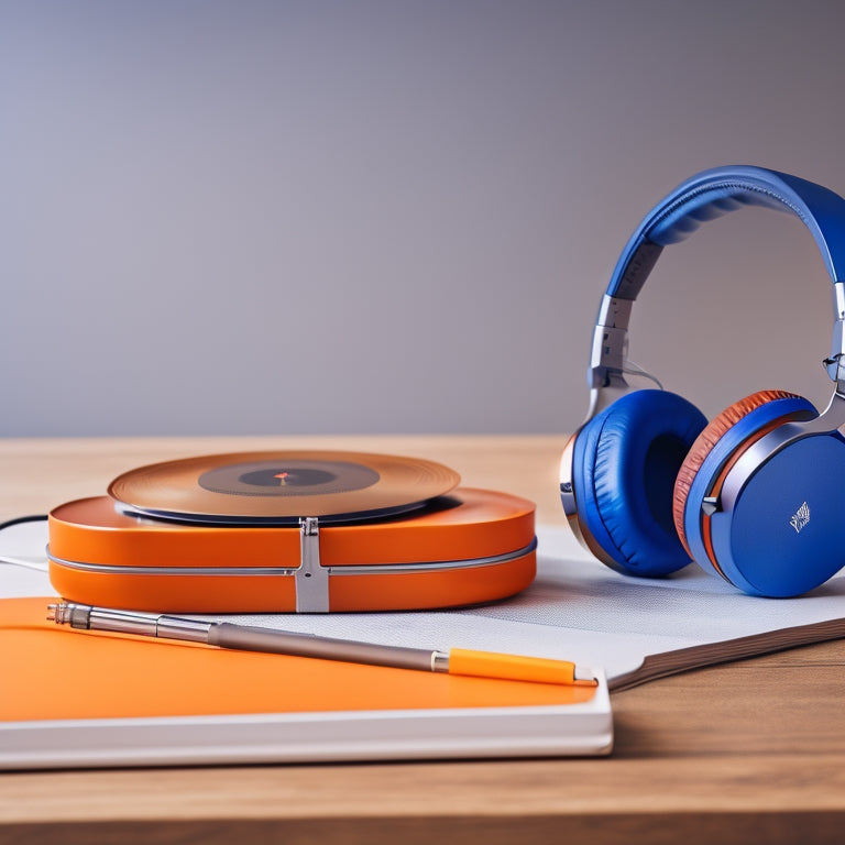 A pair of sleek, silver headphones resting on a polished, wooden desk, surrounded by scattered vinyl records, with a subtle, gradient background transitioning from deep blue to vibrant orange.