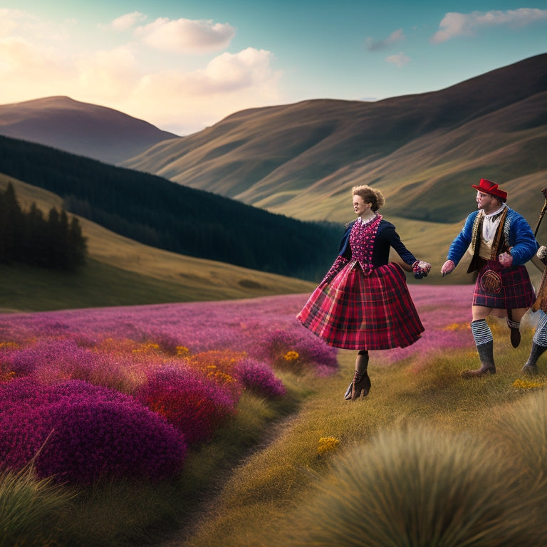 A whimsical illustration of a Scottish Highlands-inspired backdrop with tartan patterns, a red thistle blooming amidst rolling hills, and a pair of dancing feet clad in traditional Scottish attire.