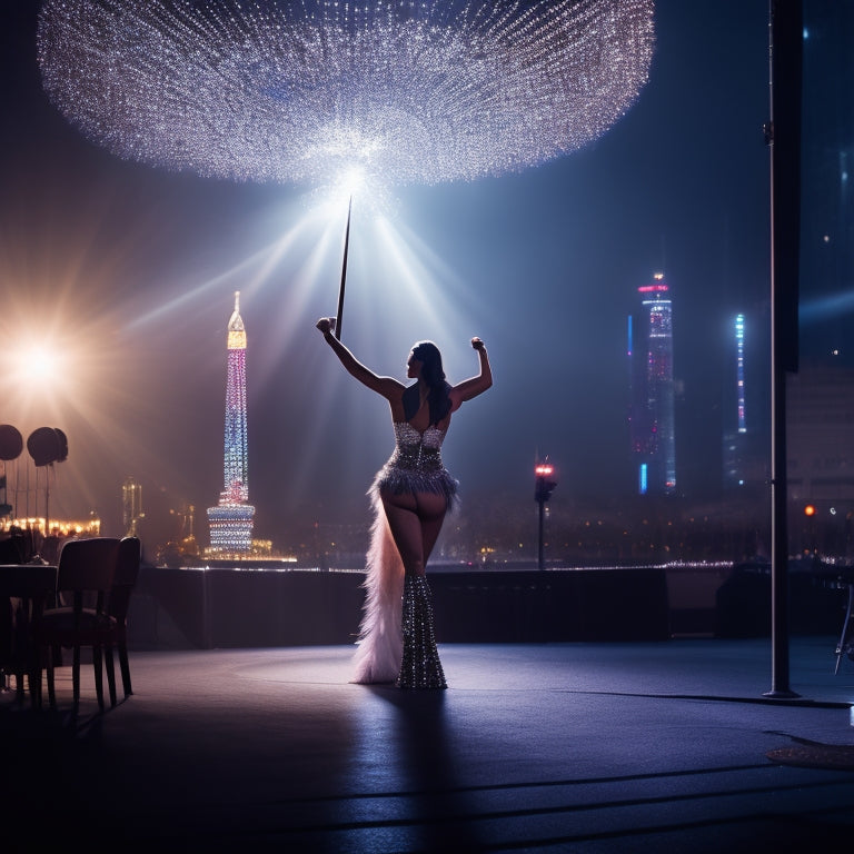 A dramatic, spotlight-lit stage with a lone pole dancer in mid-spin, surrounded by a halo of shimmering sequins and feathers, with a subtle cityscape or night sky in the background.