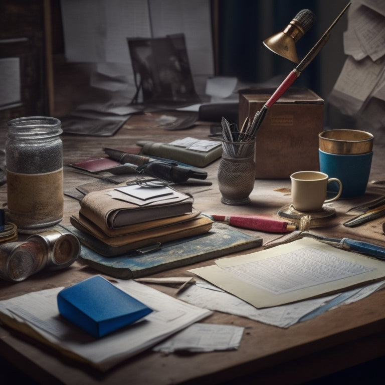 A desk cluttered with paintbrushes, scattered papers, and a half-finished canvas, with a calculator and a pair of glasses resting on a crumpled tax return form.