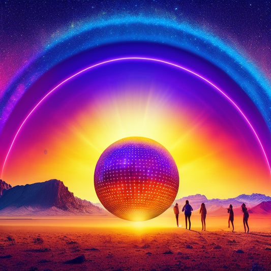 A vibrant illustration of a colorful desert sunset backdrop with a giant rainbow-colored disco ball, surrounded by dancing silhouettes and flashing neon lights, under a starry night sky.