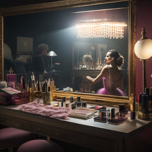 A glamorous, dimly lit backstage area with a vanity mirror, surrounded by makeup brushes, colorful palettes, and a dancer's pointe shoes, with a faint spotlight shining down on a half-done makeup look.