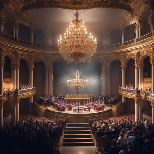 A spotlight shines on a grand, ornate concert hall, with a packed audience seated and standing, applauding in awe, as a majestic orchestra performs on stage, surrounded by gleaming instruments and golden balconies.