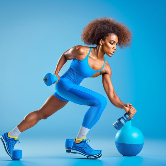 An illustration of a fit roller skater in motion, surrounded by subtle hints of fitness elements like dumbbells, a stopwatch, and a water bottle, set against a bold, gradient blue background.