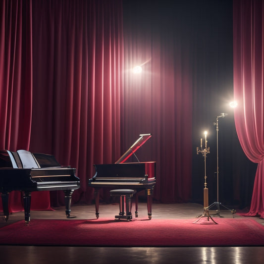 A spotlight shining down on a minimalist stage with a few, strategically placed props, including a grand piano, a vintage microphone, and a few dramatic, crimson curtains.