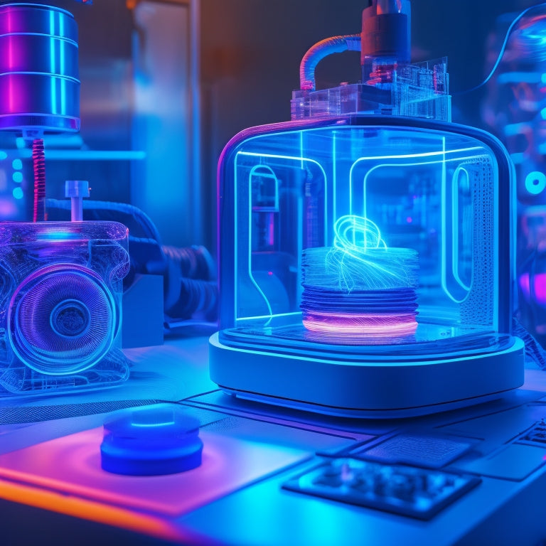 A futuristic, neon-lit laboratory scene with a 3D printer at its center, surrounded by sleek, metallic components and glowing blue circuits, with a mesmerizing, swirling vortex emerging from the printer's core.