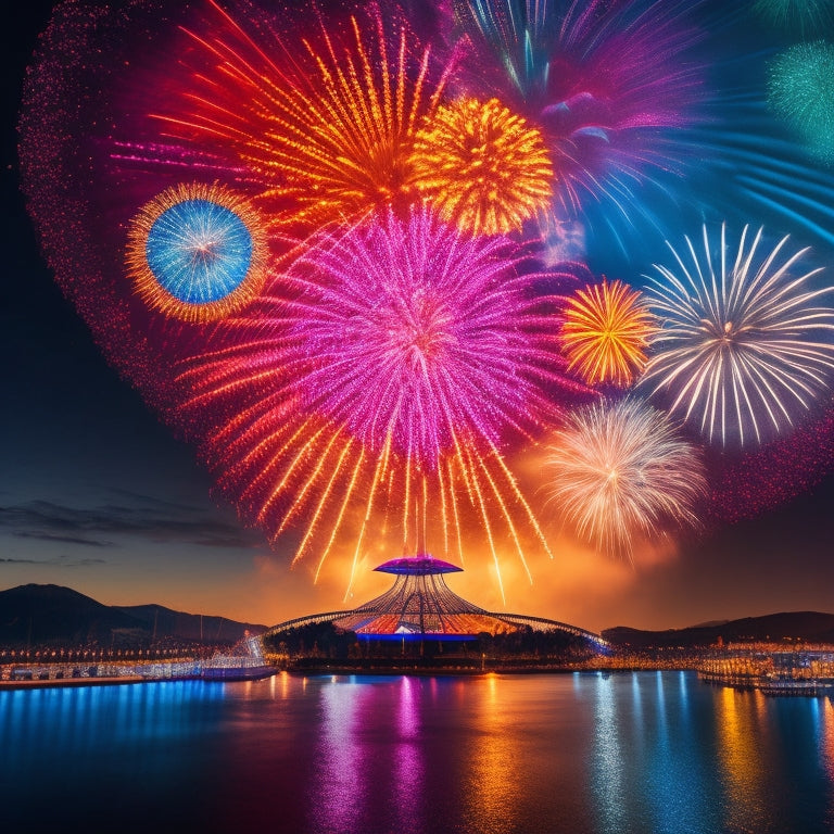 A kaleidoscope of colors bursting from a Ferris wheel, surrounded by fireworks exploding in the night sky, with a subtle glimpse of a stage in the distance, adorned with spotlights and confetti.