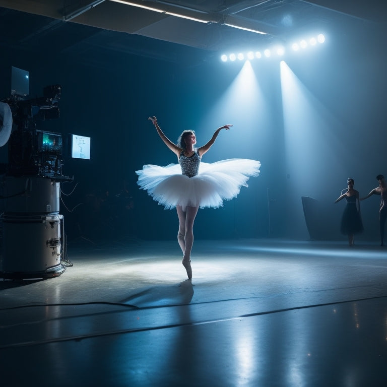 A darkened dance studio with a single spotlight shining down, a dancer in a flowing white tutu frozen in mid-leap, surrounded by scattered photography equipment and laptops with editing software open.