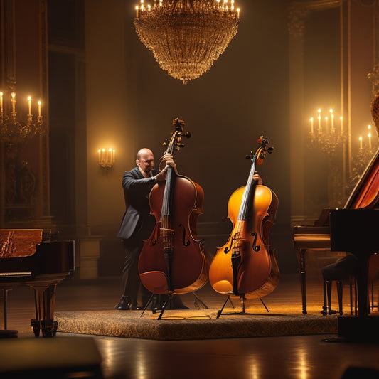 A warm, golden-lit concert hall with a spotlight on two musicians: a viola player with a rich, dark-wood instrument and a cellist with a polished, honey-colored cello, both in mid-performance.