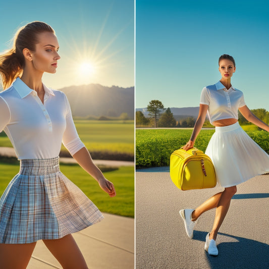 A bright, sunny background with a blurred-out dance studio in the distance, featuring a confident dancer in a crisp, white polo shirt and plaid skirt, holding a designer dance bag and wearing a perfect, sleek bun.