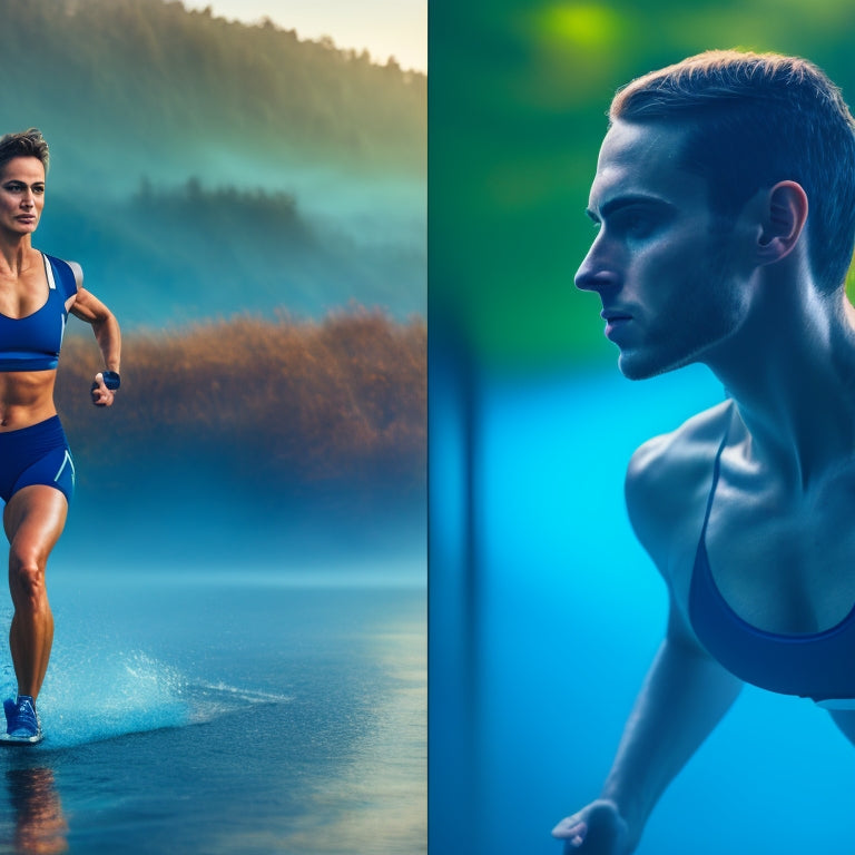 A split-screen image featuring a swimmer in a lap pool wearing a sleek, futuristic fitness tracker on their wrist, alongside a runner jogging on a misty morning trail, with a similar tracker shining on their arm.