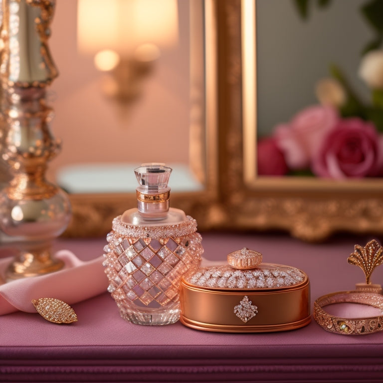 A luxurious, velvet-covered vanity adorned with sparkling crystal perfume bottles, a string of pearls, and a delicate, bejeweled hair comb, set against a soft, rose-gold background.