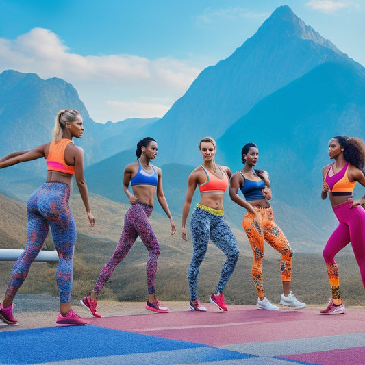 A vibrant scene featuring a diverse group of women in dynamic poses, showcasing various styles of workout leggings in bright colors and patterns, set against an outdoor track with mountains in the background.