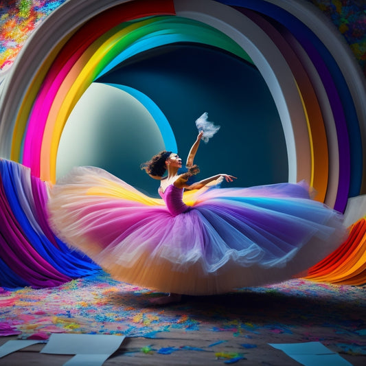 A whimsical illustration of a ballet dancer's tutu unfolding into a colorful, swirling vortex of paper sheets, with subtle hints of printing press machinery in the background.