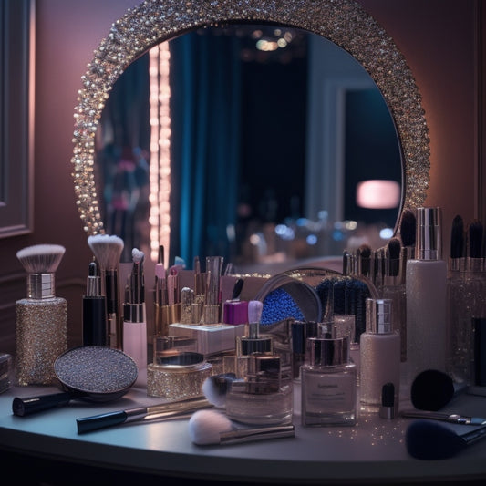 A cluttered, well-lit vanity with a variety of makeup products, brushes, and applicators scattered across its surface, with a few crucial items noticeably absent, surrounded by dance-inspired elements like glitter, sequins, and a pair of pointe shoes.