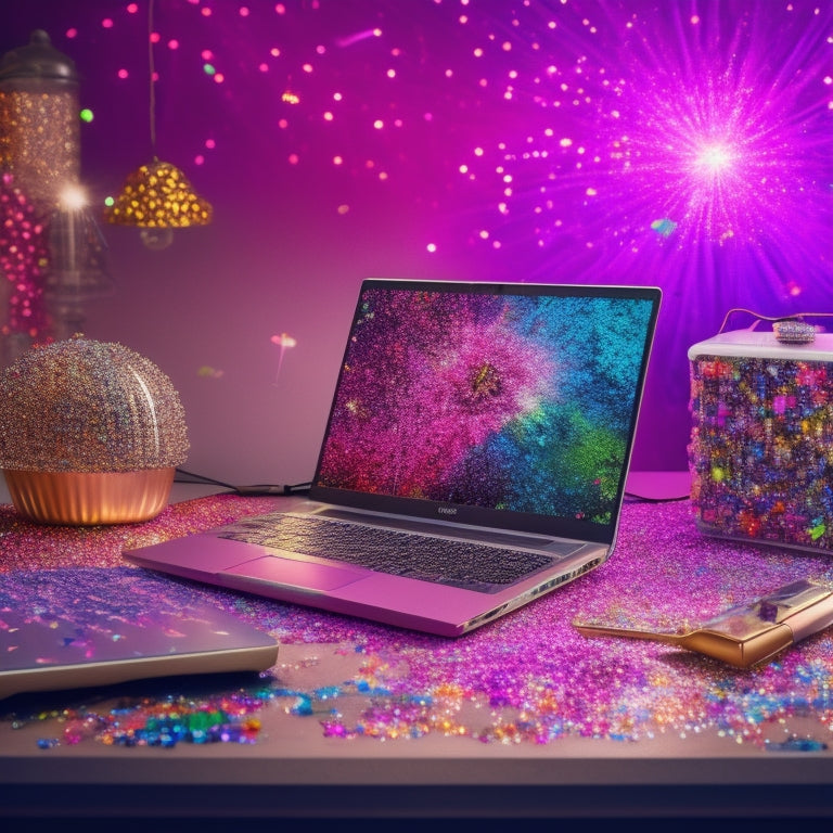 A vibrant illustration featuring a laptop with a sewing machine and fabric scraps surrounding it, amidst a colorful explosion of glitter, rhinestones, and sequins, with a subtle cityscape background.
