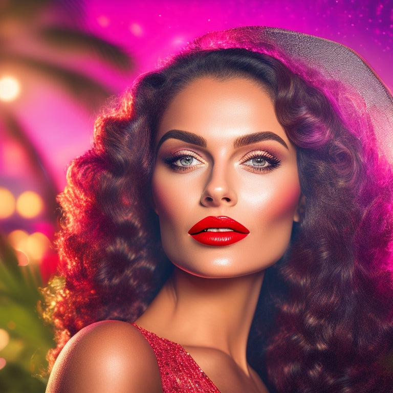 A stylized illustration of a glamorous woman with long, curly hair and bold, red lips, surrounded by palm trees, tropical flowers, and sparkling fireworks, set against a vibrant Miami sunset background.