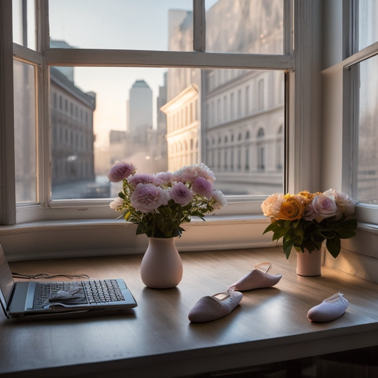 A serene ballet studio with a laptop and tablet surrounded by ballet slippers, flowers, and a soft, golden light, with a subtle cityscape visible through the window in the background.