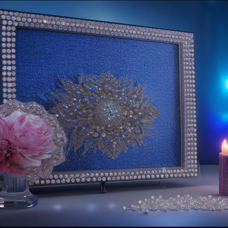 A crystal-encrusted rhinestone design template on a digital screen, with various shapes and sizes of rhinestones scattered around, alongside a resize tool icon and a subtle sparkle effect.