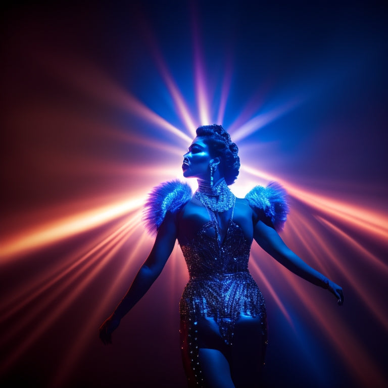 A darkened theater with a spotlight shining down on a performer wearing a dazzling, iridescent costume that shimmers like diamonds against a velvety black background.