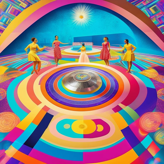 A colorful illustration featuring a retro-style dance floor with a quilt in the center, surrounded by dancing silhouettes, disco balls, and vinyl records, set against a funky, swirly-patterned background.