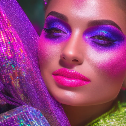 A close-up of a dancer's face, spotlight shining down, with vibrant, bold makeup and glittering eyeshadow, surrounded by mirrors, makeup brushes, and a laptop playing a dance tutorial.