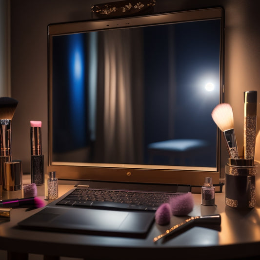 A dimly lit vanity with a mirror, surrounded by makeup brushes, eyeshadows, and lipsticks, with a laptop or tablet in the background displaying a dance-inspired makeup tutorial.